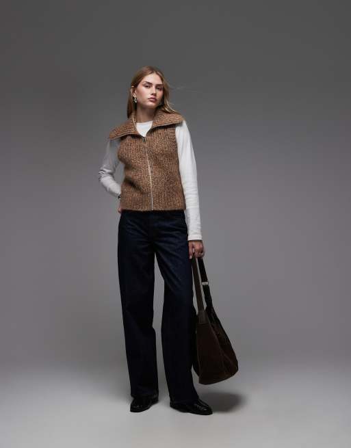& Other Stories wool rich and mohair funnel neck chunky knitted zip up vest in multi brown, 3 of 4