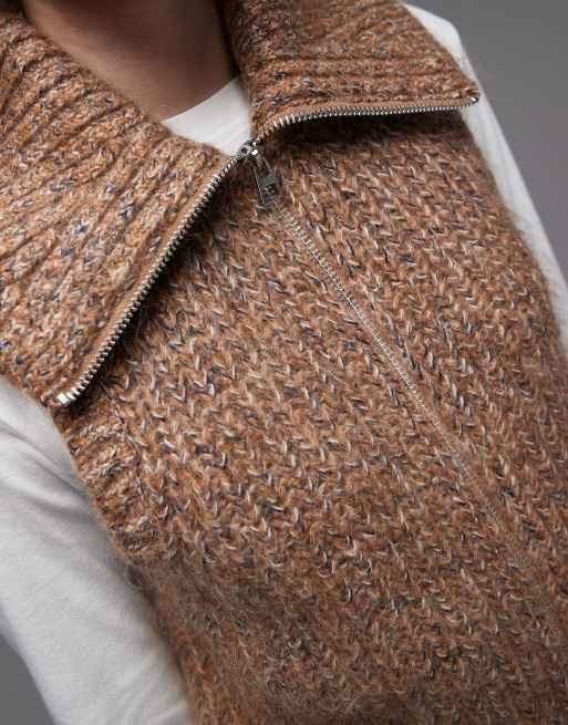 & Other Stories wool rich and mohair funnel neck chunky knitted zip up vest in multi brown, 4 of 4