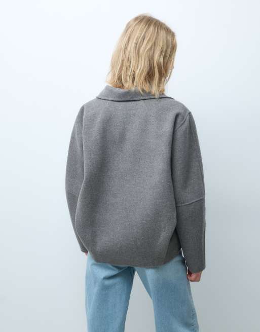 & Other Stories wool rich funnel neck jacket with volume sleeve in light brown, 3 of 4