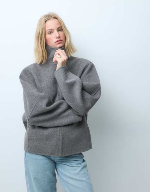 & Other Stories wool rich funnel neck jacket with volume sleeve in light brown, 4 of 4