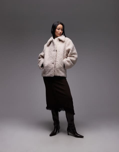 & Other Stories wool rich midi length faux fur jacket in beige - view 1