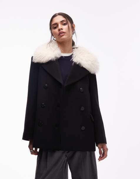 & Other Stories wool short double breasted coat with flap welt pockets and faux fur collar in black - view 1