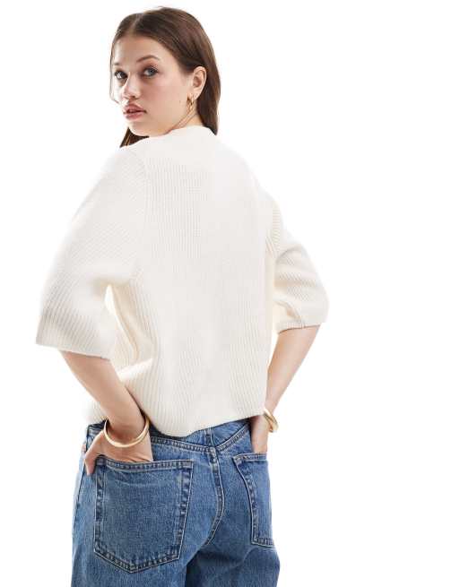 Other Stories wool short sleeve knitted rib cardigan in off