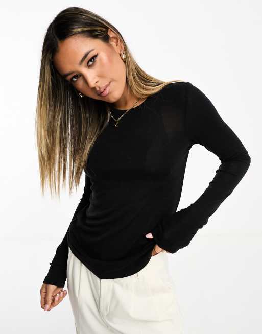 And Other Stories Wool Shrunken Long Sleeve Sheer Top In Black Asos 0078