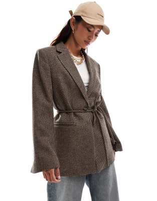 & Other Stories & Other Stories wool single breasted blazer with tie detail in brown check