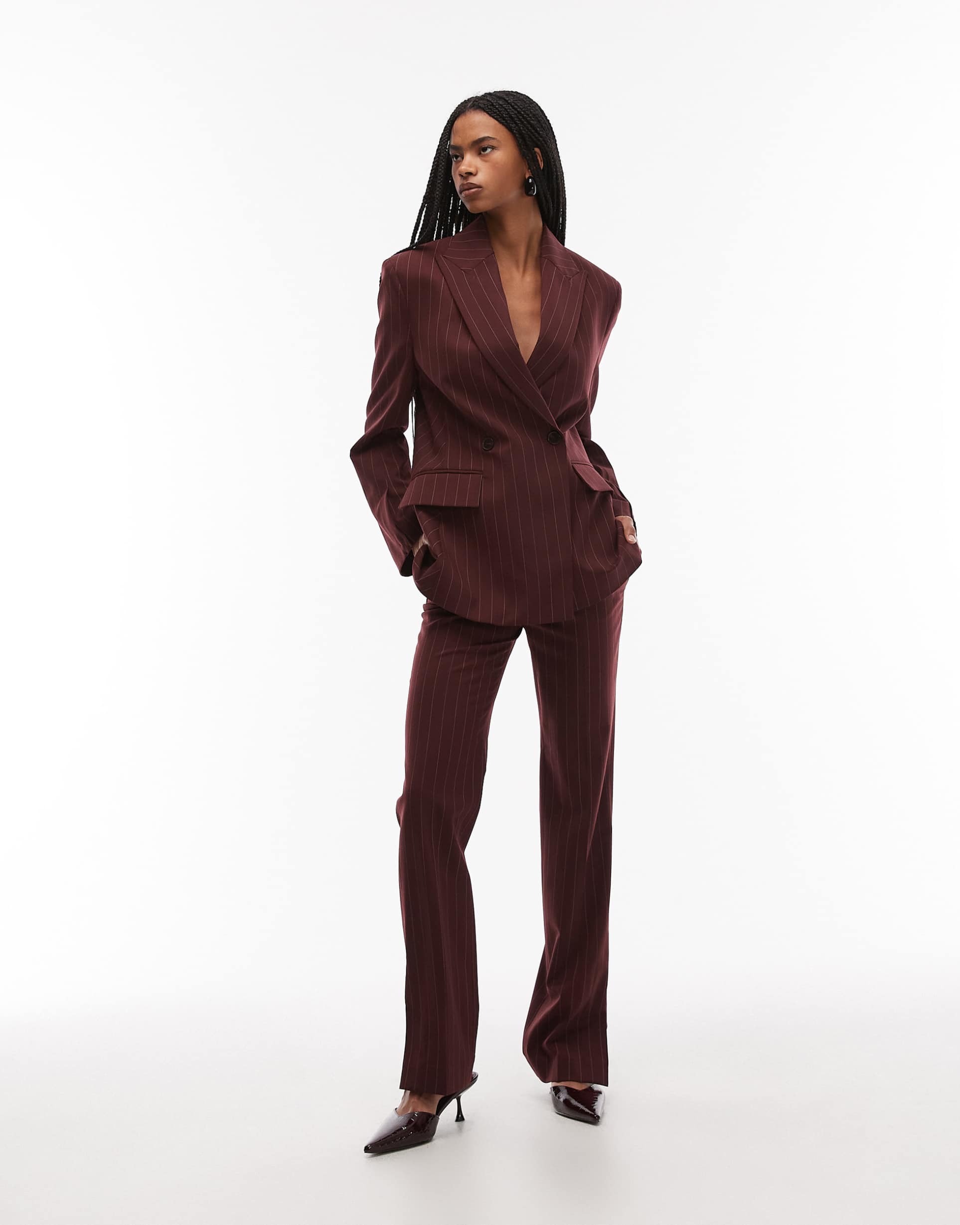 & other stories wool slim flare leg tailored pants in wine pinstripe - part of a set
