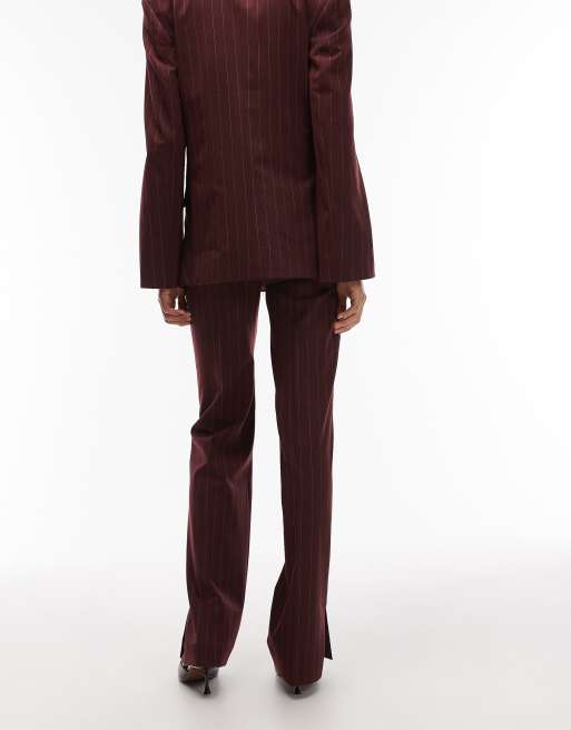 & Other Stories wool slim flare leg tailored pants in wine pinstripe, 4 of 5