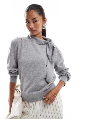 Other Stories Wool Sweater With Bow Scarf Detail In Gray