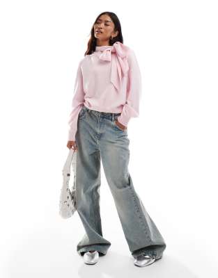& Other Stories wool sweater with bow scarf detail in pink