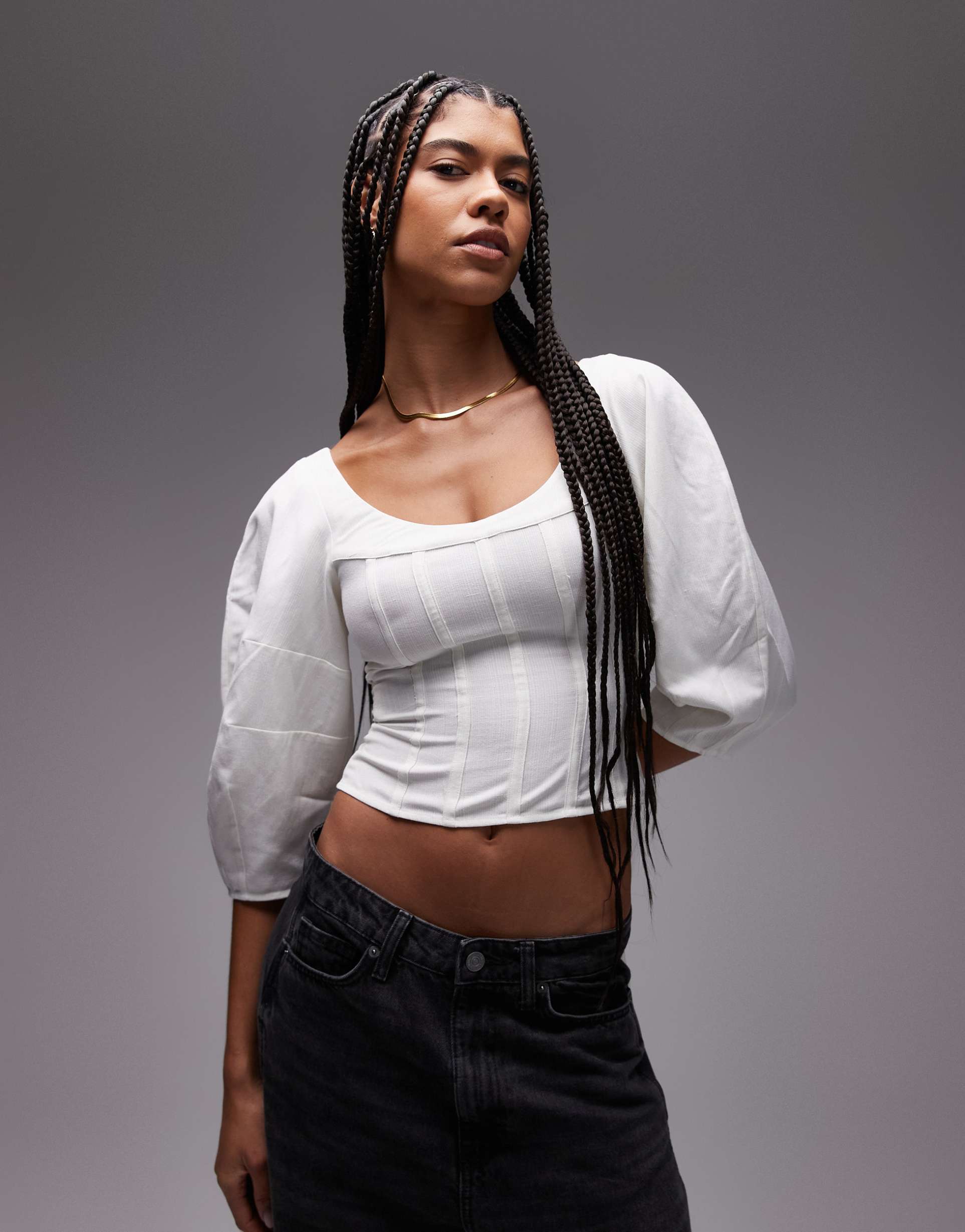& other stories woven corset blouse with volume sleeves in off-white