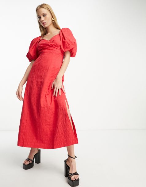 & Other Stories woven puff sleeve midi dress in red - view 1