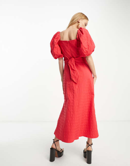 & Other Stories woven puff sleeve midi dress in red | ASOS