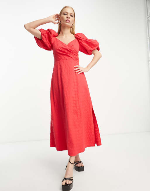 & Other Stories woven puff sleeve midi dress in red, 4 of 4