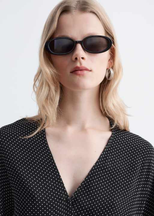 & Other Stories wrap dress with linen in black polka pint, 4 of 5