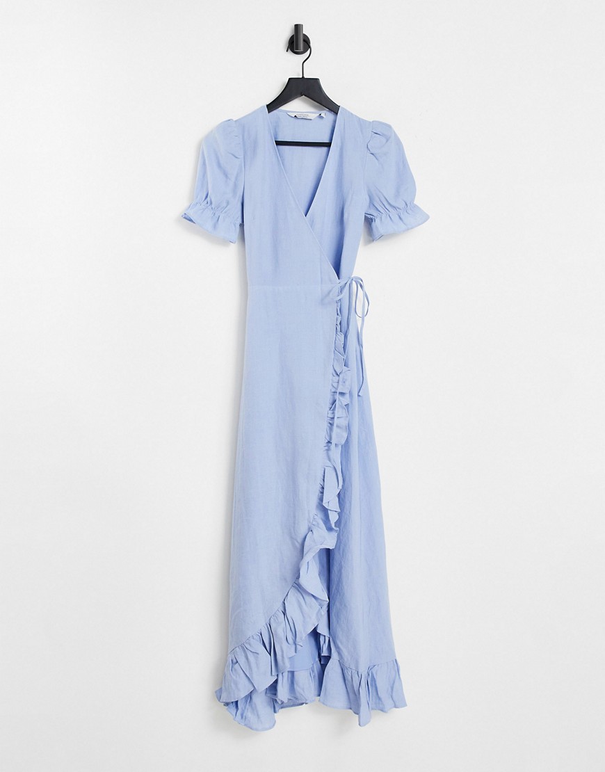 & Other Stories wrap front linen ruffle detail midi dress in dusty blue-Blues