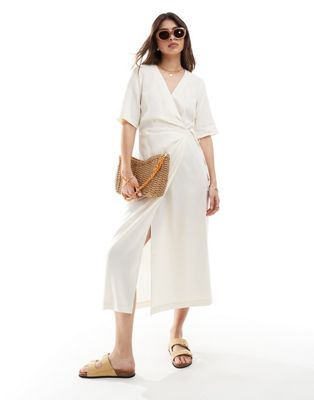 & Other Stories wrap front midi dress  with side tie detail in off white