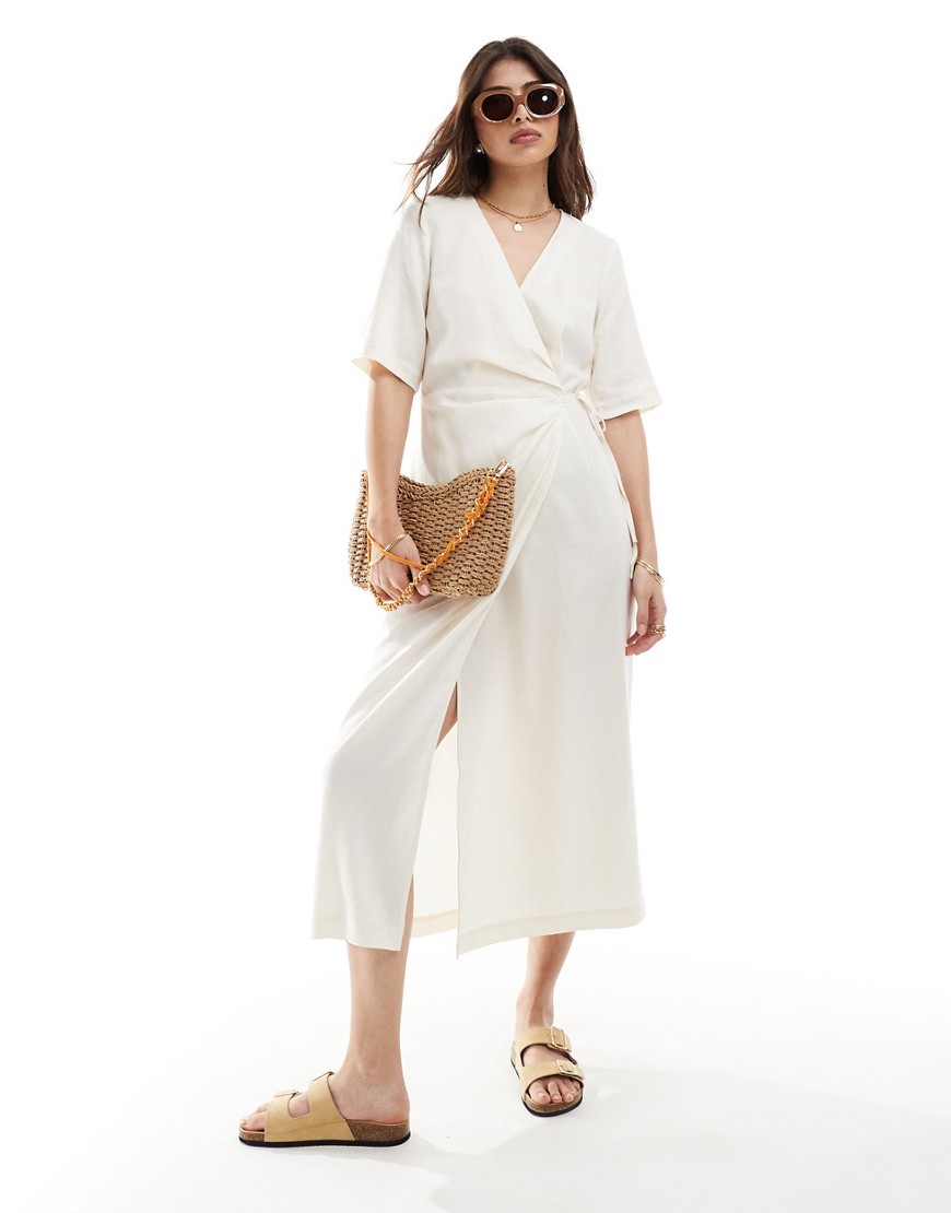 & Other Stories wrap front midi dress with side tie detail in off white