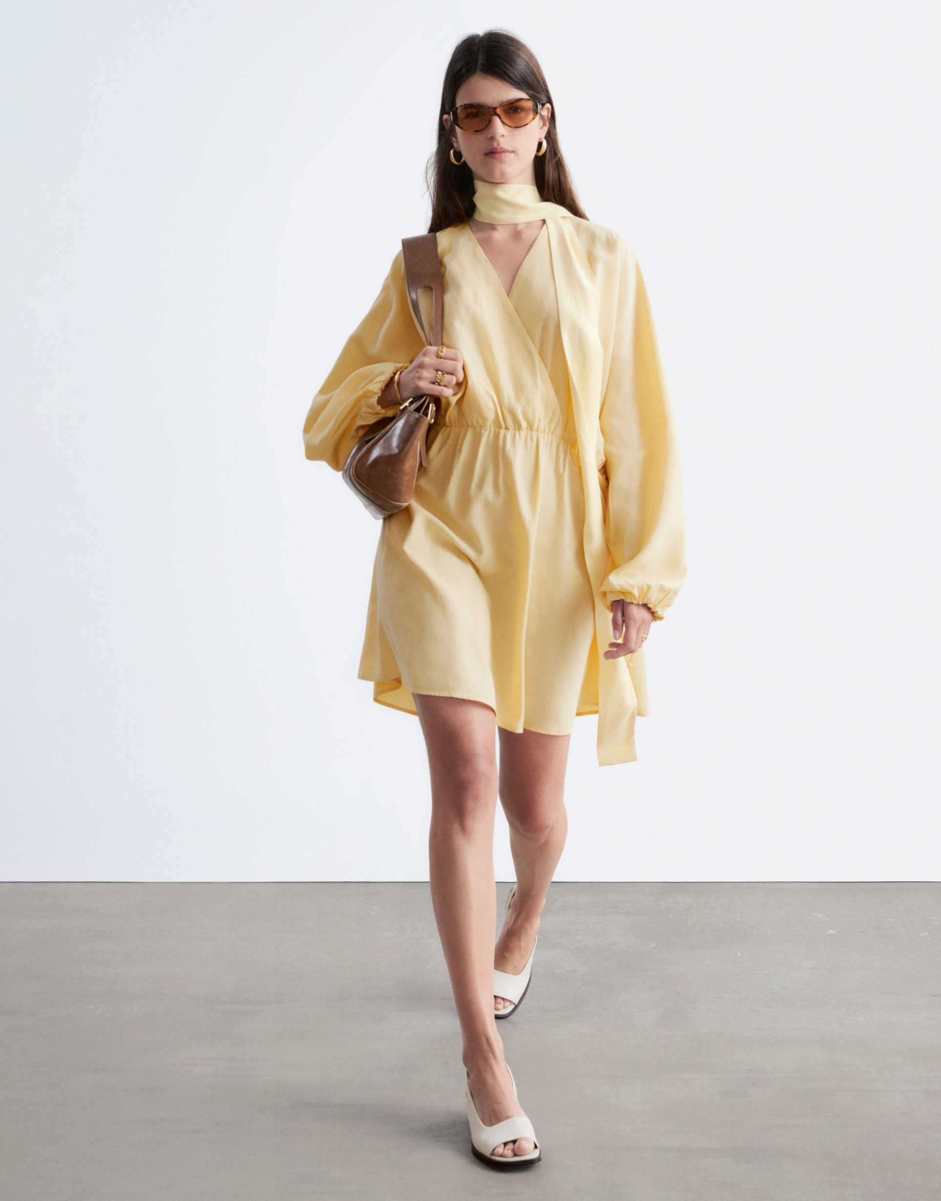 & other stories wrap mini dress with scarf detail in yellow