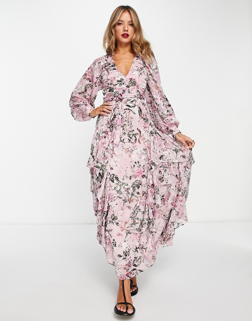 & Other Stories wrap ruffle maxi dress in burn out floral-Multi