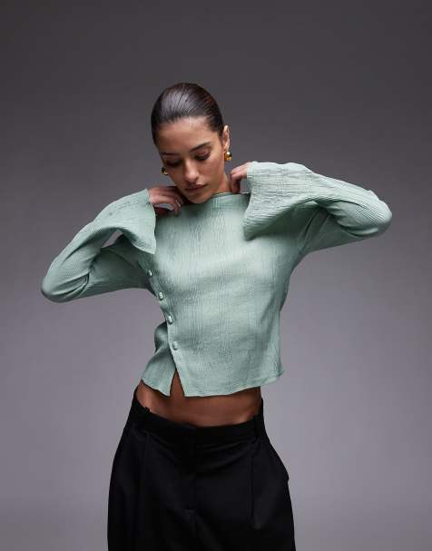 & Other Stories textured sheer long sleeve top with asymmetric button front in green