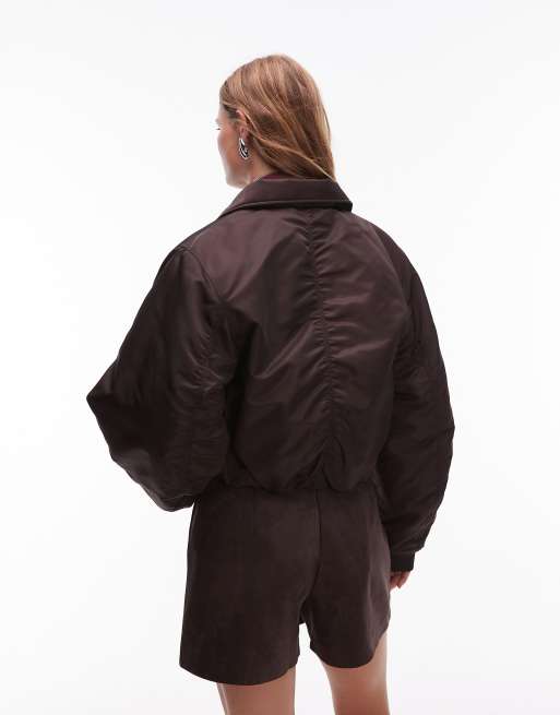 & Other Stories zip front bomber jacket with padded collar in brown