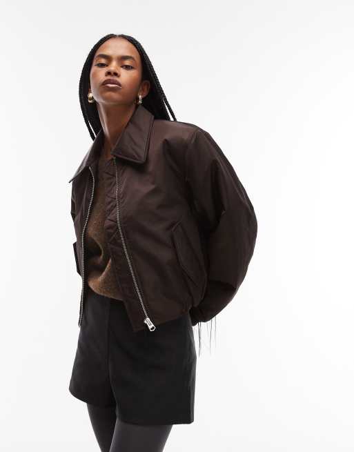 & Other Stories zip front bomber jacket with padded collar in dark brown
