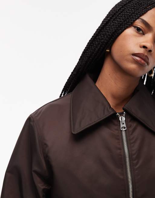 & Other Stories zip front bomber jacket with padded collar in dark brown