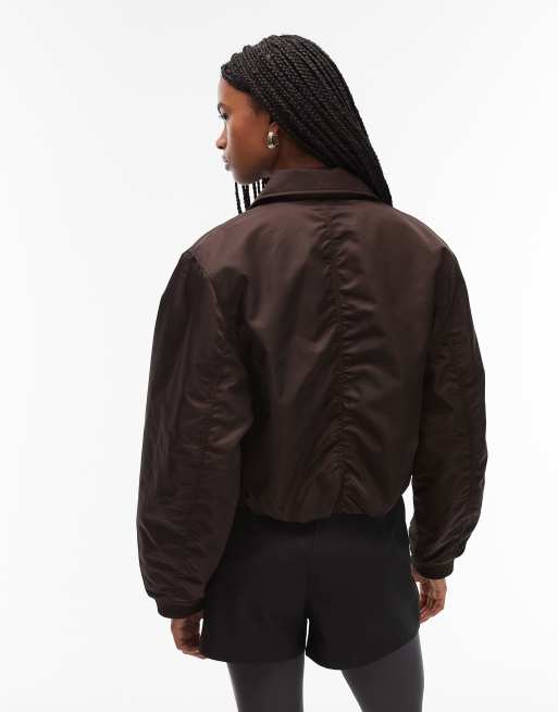 & Other Stories zip front bomber jacket with padded collar in dark brown