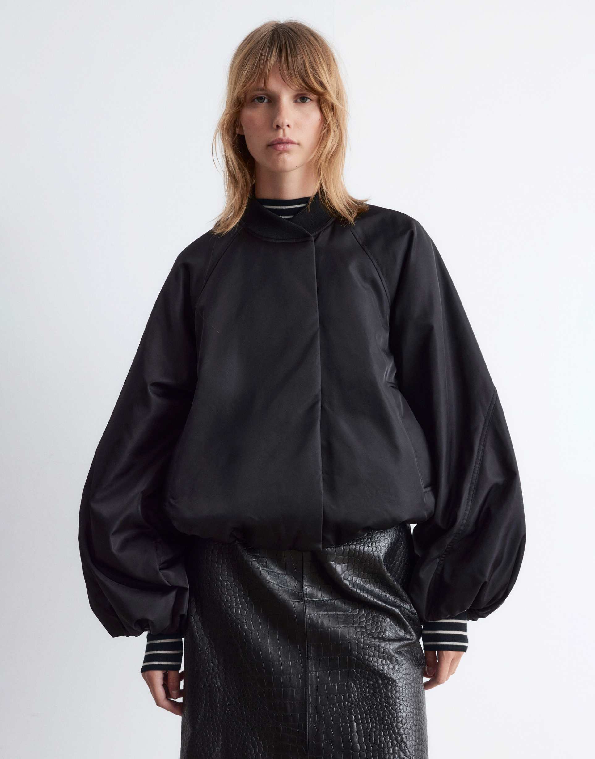 & other stories zip front bomber jacket with volume sleeves in black