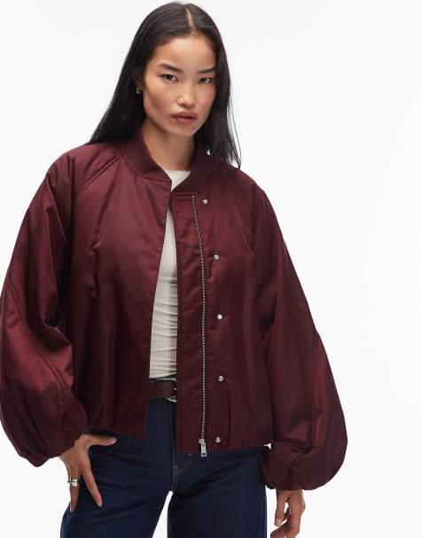 & Other Stories zip front bomber jacket with volume sleeves in burgundy wine - view 1