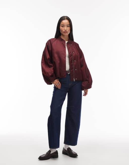 & Other Stories zip front bomber jacket with volume sleeves in burgundy wine