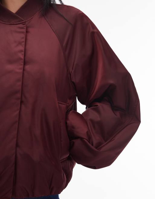 & Other Stories zip front bomber jacket with volume sleeves in burgundy wine