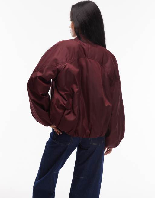 & Other Stories zip front bomber jacket with volume sleeves in burgundy wine