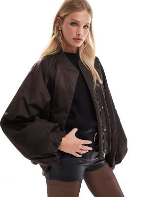 & Other Stories & Other Stories zip front bomber jacket with volume sleeves in dark brown