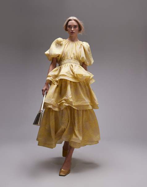& Other Stories midi dress with volume sleeves and ruffles&nbsp;in yellow floral print