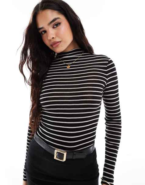 & Other super soft wool jersey long sleeve top with funnel neck in mono stripes - view 1