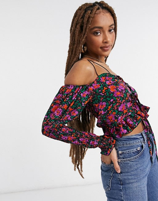 Outrageous Fortune blouse with lace up detail in floral multi