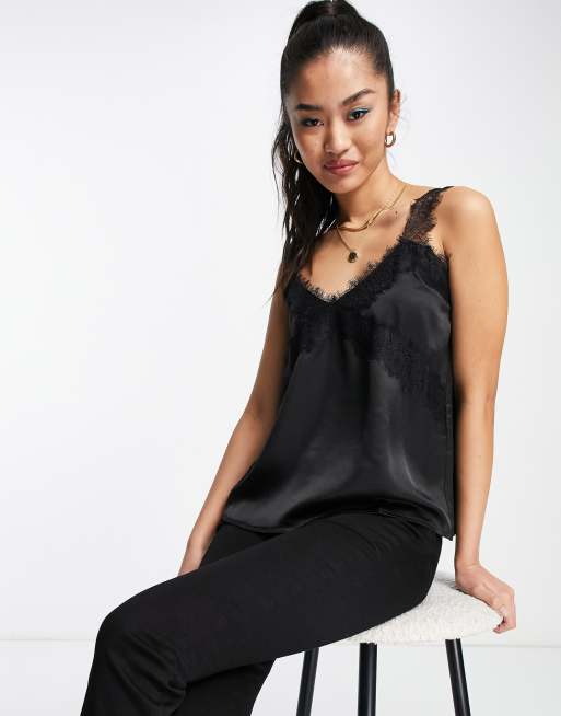 Outrageous Fortune - Canottiera in raso nero con finiture in pizzo