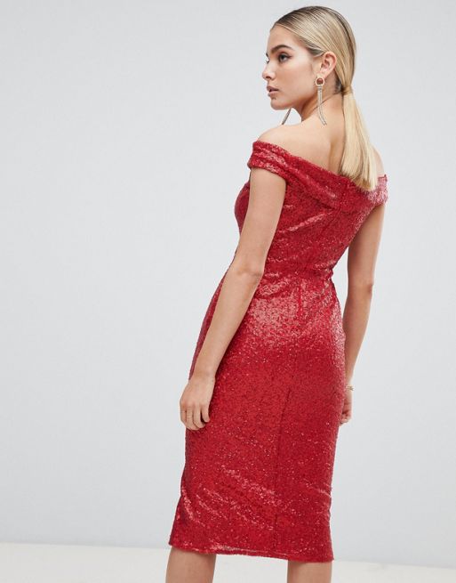 Outrageous Fortune - Czerwona sukienka bardotka o długości midi z cekinami  | ASOS