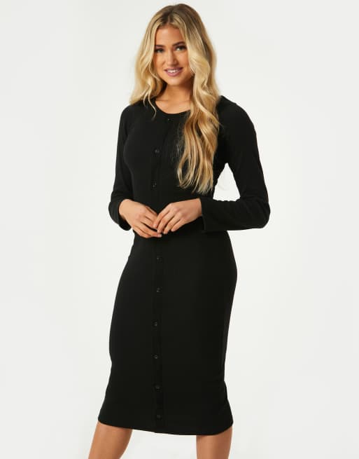 Outrageous Fortune – Exclusive – Langärmliges Midikleid mit Knopfdetail in Schwarz, 4 von 4