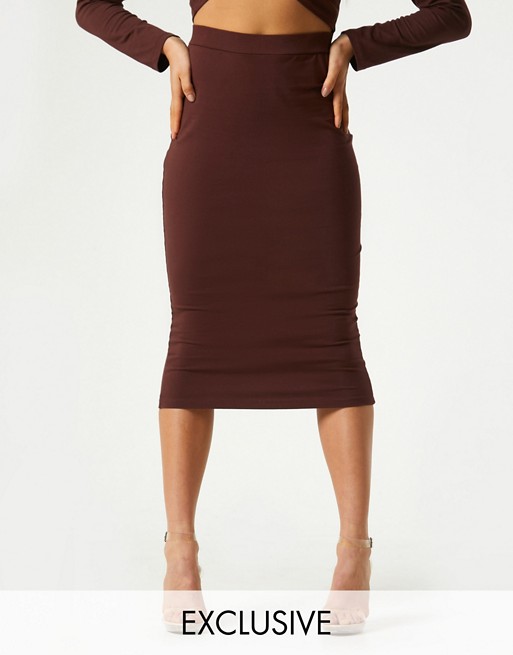 Outrageous Fortune exclusive midi bodycon skirt in chocolate
