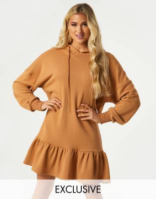 Exclusive mini ruffle hem sweatshirt dress with hood in camel-Brown