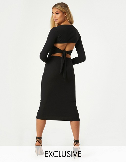 Outrageous Fortune exclusive open tie back detail midi dress in black