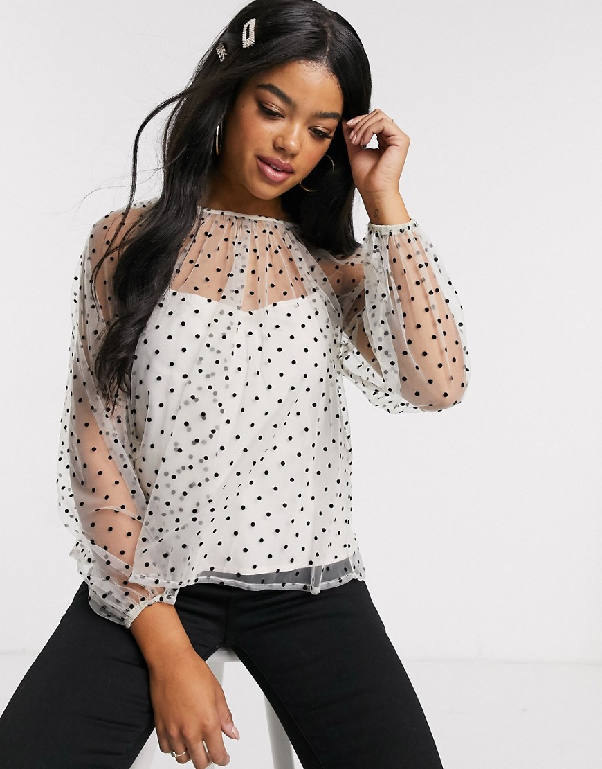 Outrageous Fortune high neck sheer polka mesh top in mono-Multi