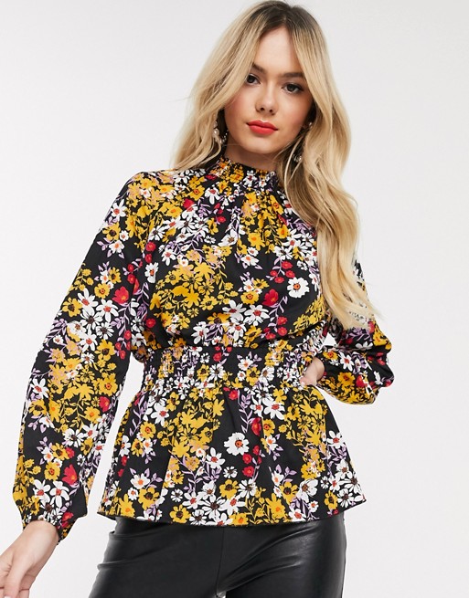 Outrageous Fortune high neck shirred long sleeve top in floral print
