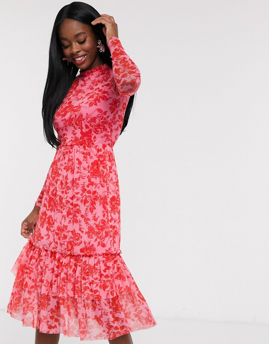 Outrageous Fortune - Hoogsluitende geplooide mesh midi-jurk in rood met bloemenprint-Multi