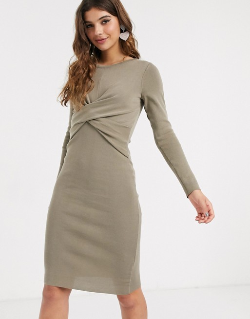 Outrageous Fortune knitted wrapover midi pencil dress in khaki