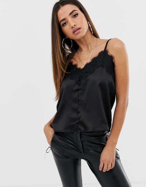 Outrageous Fortune lace trim cami with button detail in black