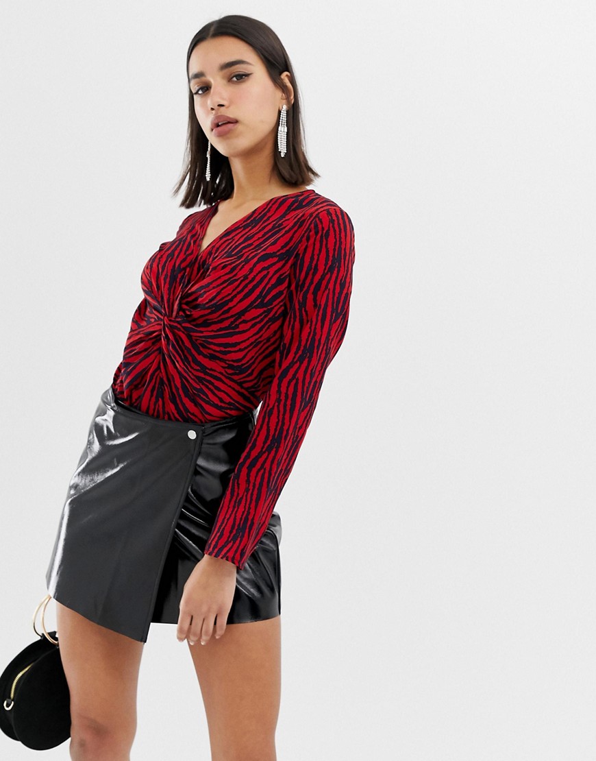 Outrageous Fortune long sleeve knot front body in red tiger print-Multi
