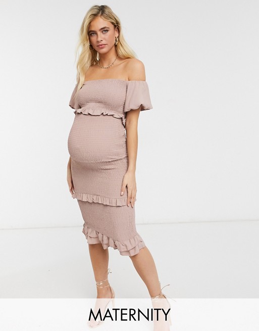 Outrageous Fortune Maternity off shoulder shirred frill hem midi dress with puff sleeve detail in taupe